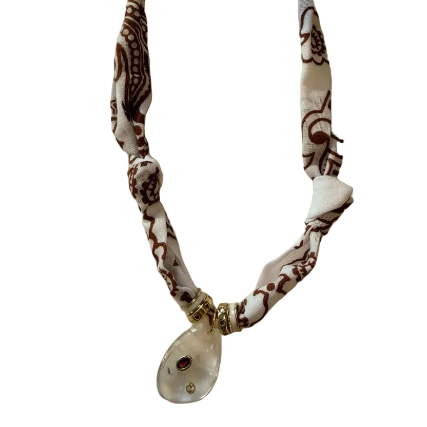 White & Brown Bandana Necklace with Clear Quartz