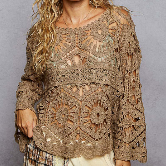Crochet Knit Blouse in Olive