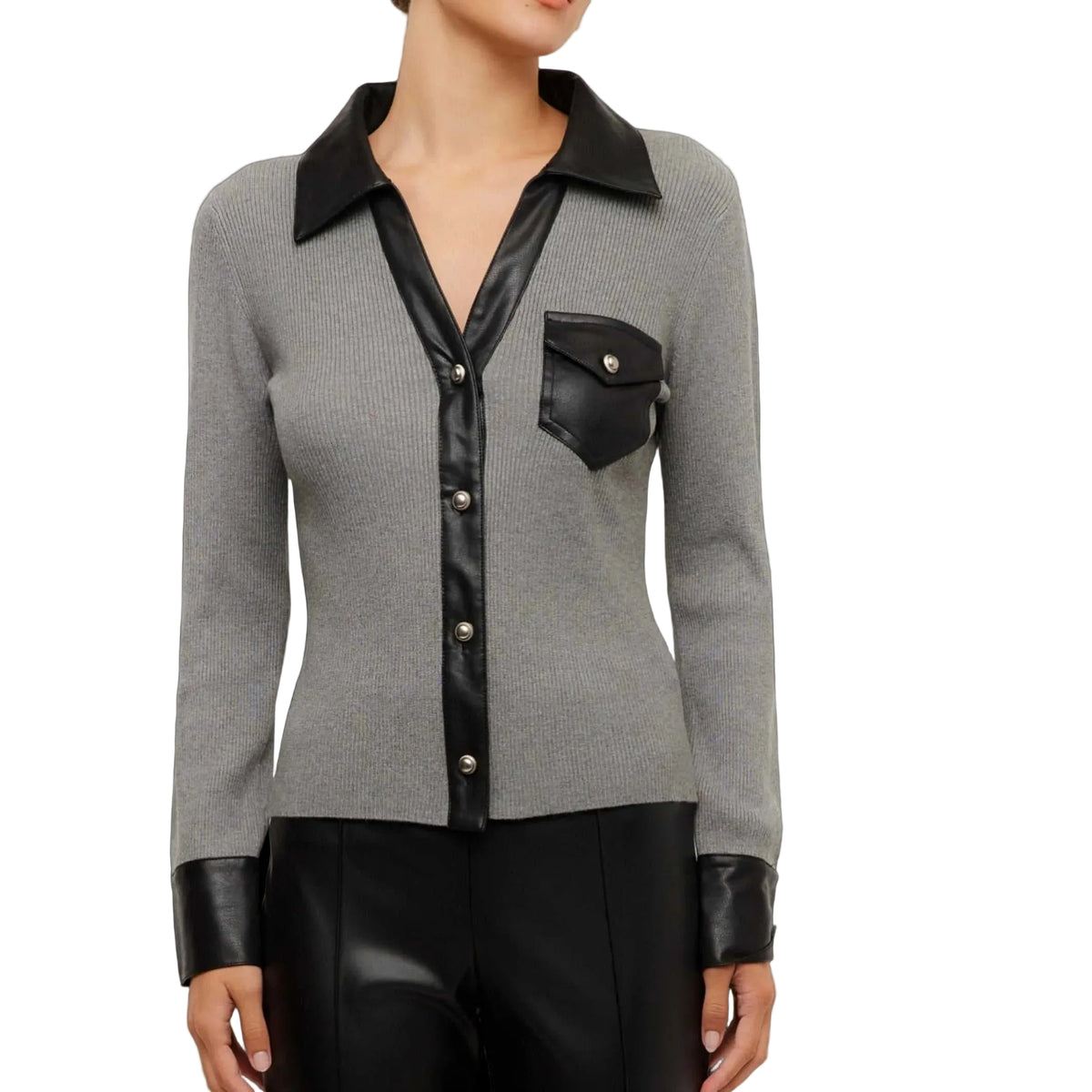 Isabella Contrast Faux Leather Button Up