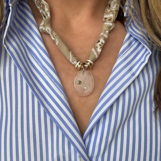 Beige Bandana Necklace Rose Quartz